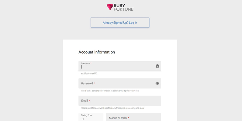 Ruby Fortune registration process